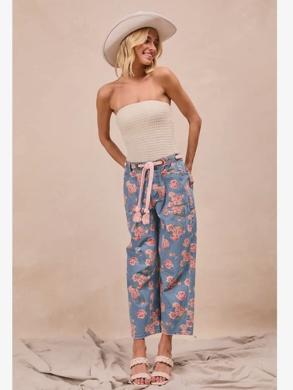 BiBi Blue Denim Ankle Floral Crop Pants with Pink Rose Print - Picture 5 of 5